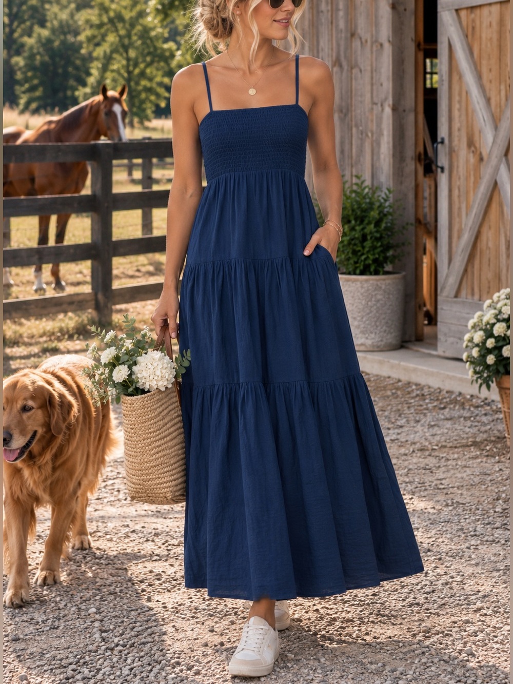 🧺AMERICAN EAGLE Smocked Tiered Babydoll Midi Chambray Navy Dress - XS